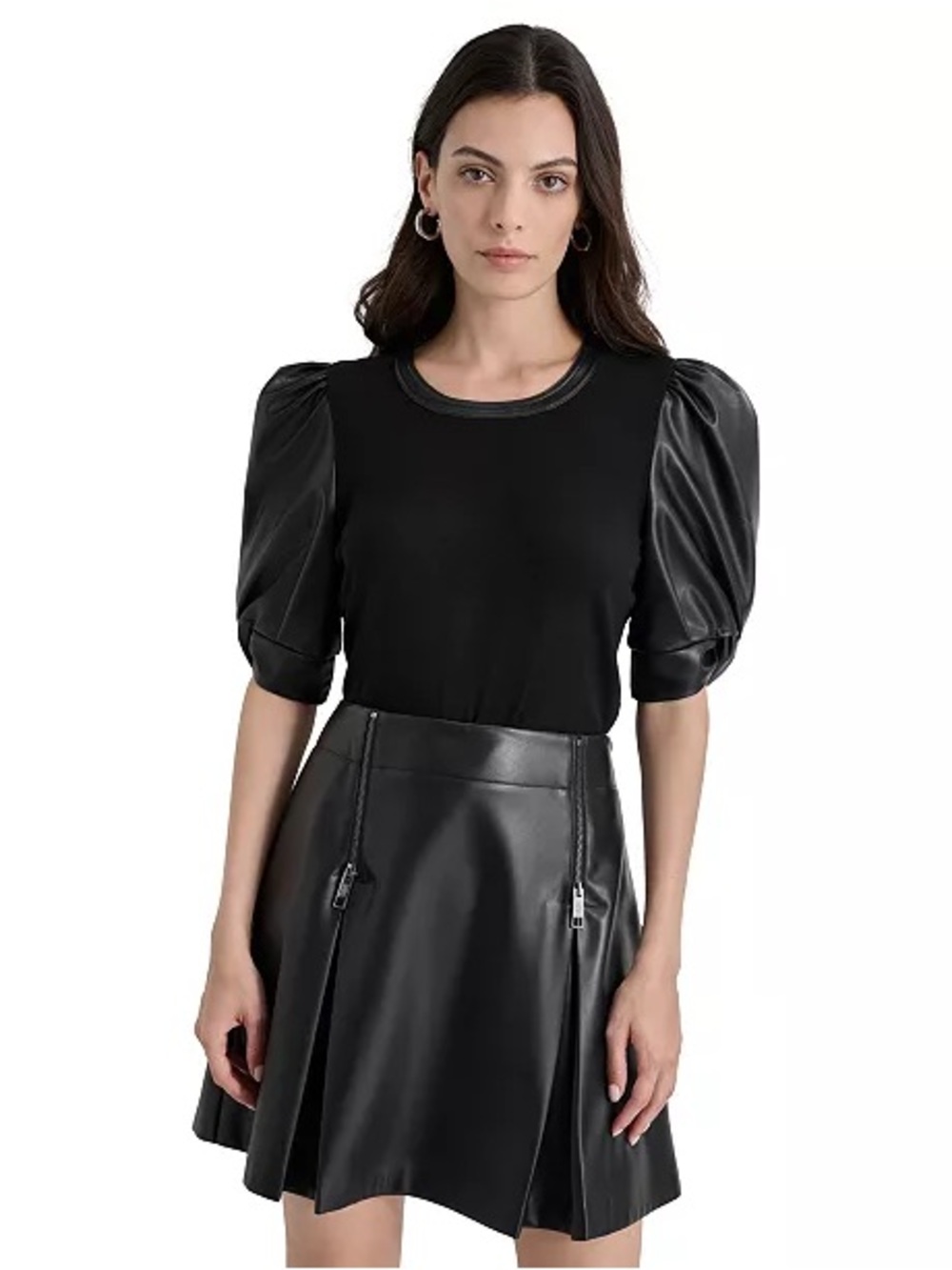 DKNY Women's Faux-Leather Puff-Sleeve Blouse